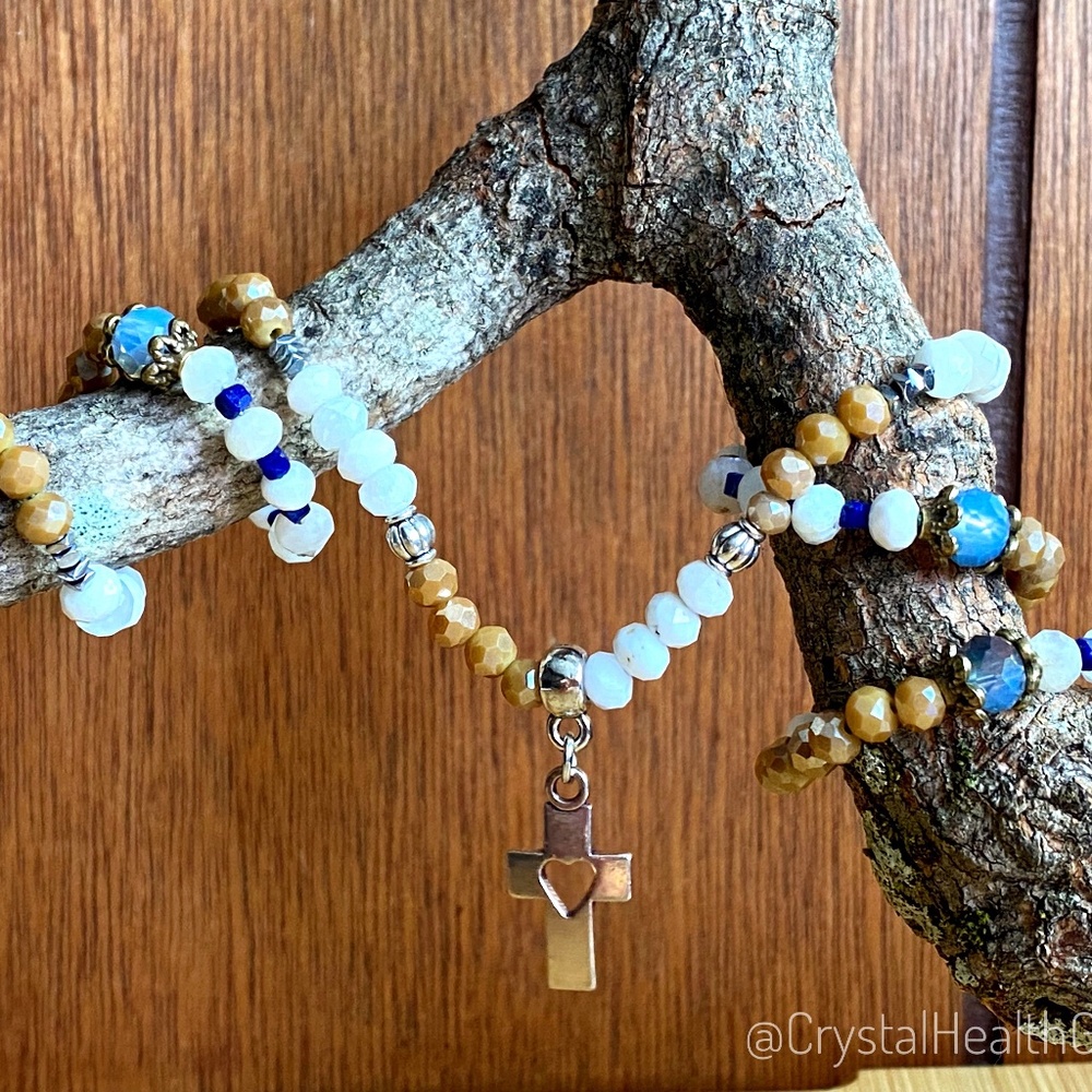 Moonstone + Lapis Lazuli with Austrian Crystals Christian Cross Necklace